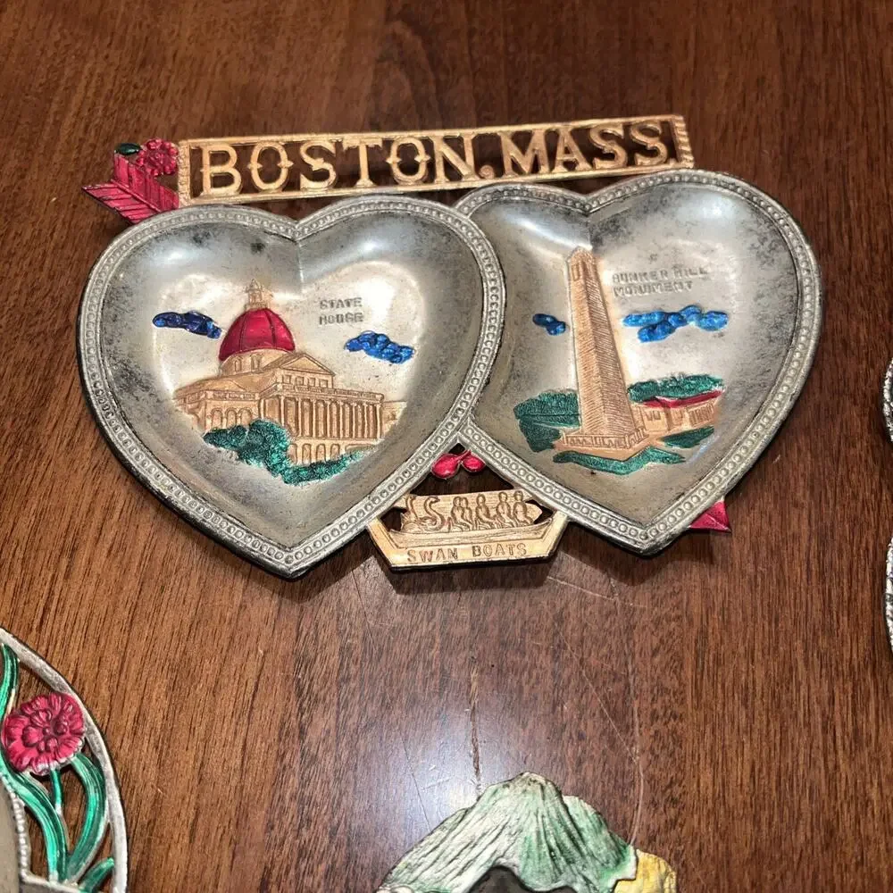 Vintage Japan Trinket Dish Tin Travel Souvenir State Ashtray Boston, MA NH OH IN